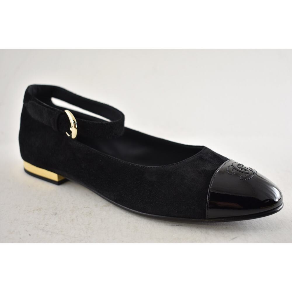 Chanel 24K Black Suede Patent CC Mary Jane Ankle Strap Ballerina Ballet Flat 40 - Picture 6 of 16